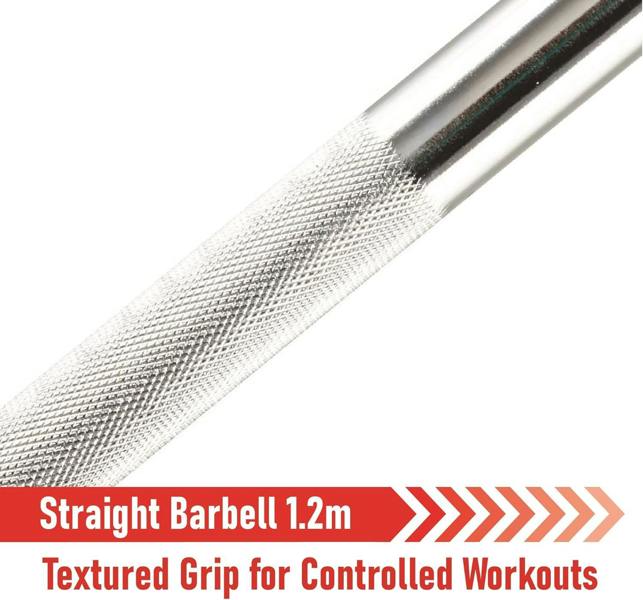 Straight barbell bar, 1.2m length, featuring a textured grip for enhanced control during workouts, silver finish with durable construction