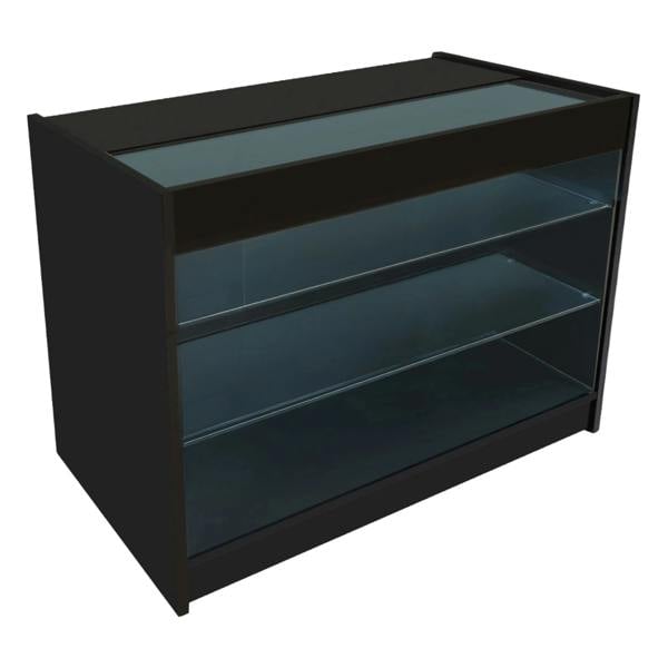 Theia LED Shop Counter Set in black features a sleek design with glass shelves and a top display area, ideal for showcasing products