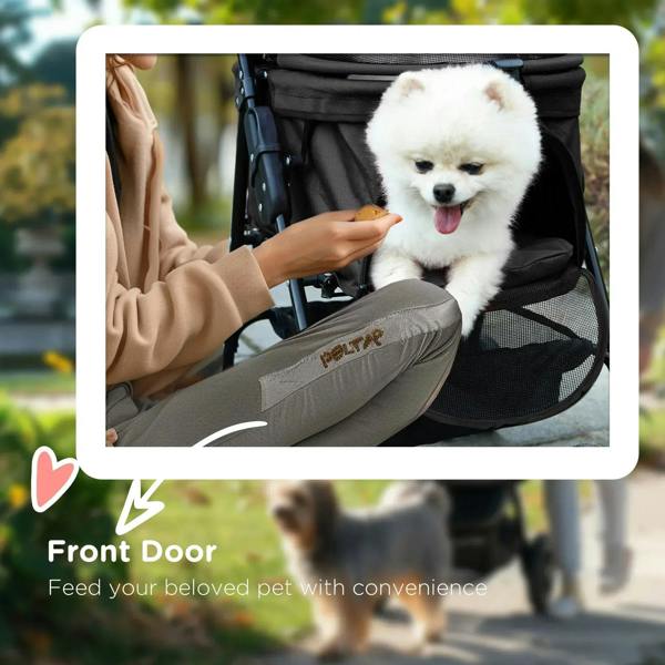 Black dog stroller with front door open, white dog sitting on a padded mesh seat