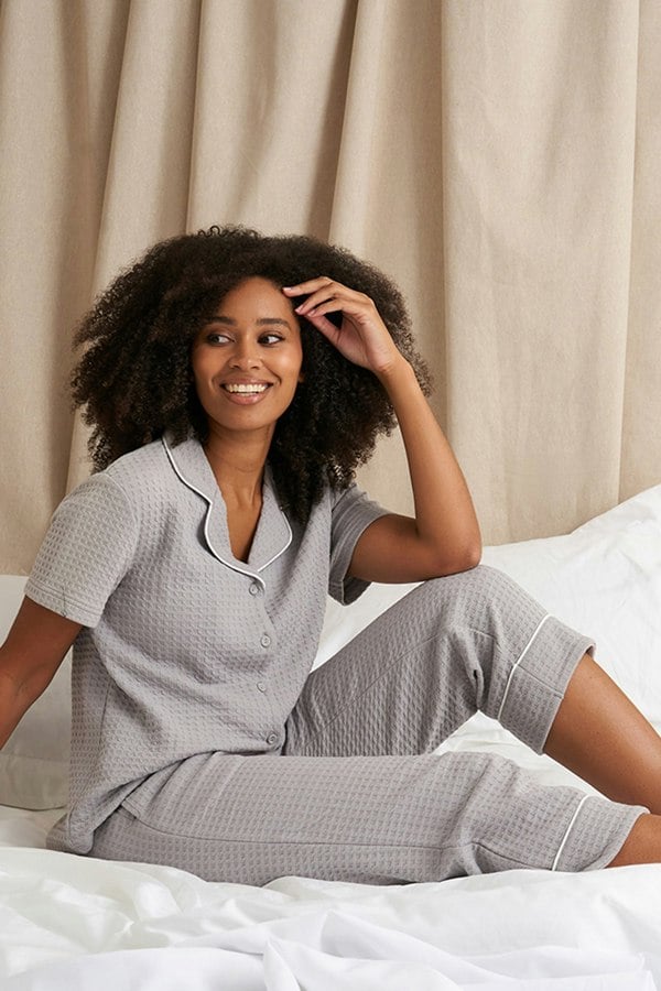 Pretty You London Women's Luxury Suite Waffle Short Shirt Trouser Pyjama Set in Grey