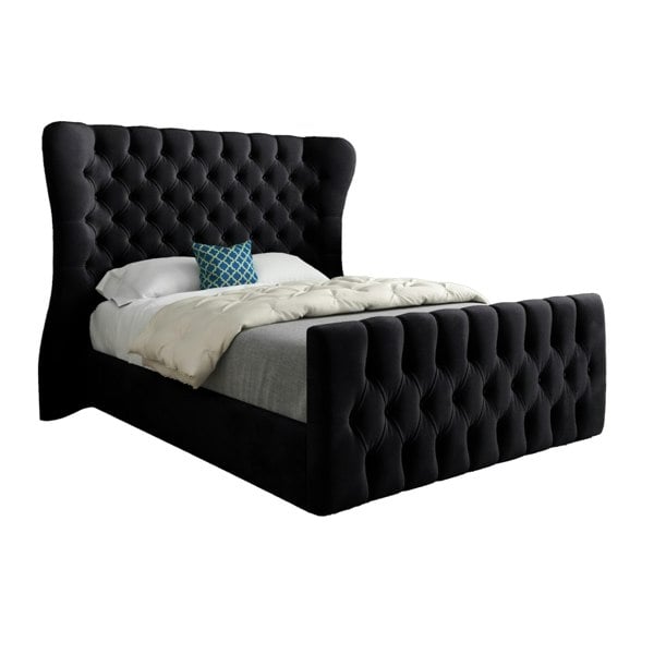 Casa Magna Parma Wide Curved Winged Upholstered Soft Velvet Bed Frame - Black