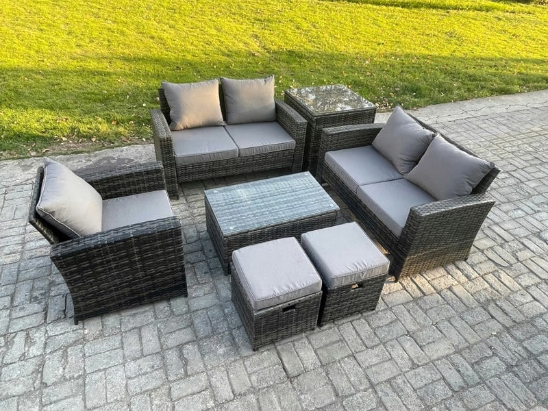 Fimous 7-Seater Rattan Garden Lounge Set - Dark Grey Mixed Patio Outdoor Sofa Chair Set with Rectangular Coffee Table & 2 Small Footstools