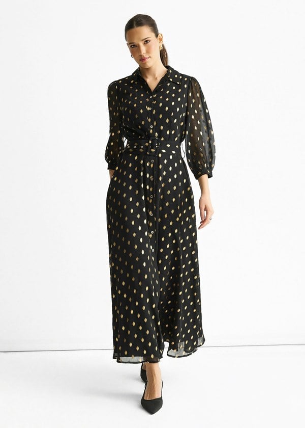 Gini London Black Chiffon Foil Belted Maxi Shirt Dress