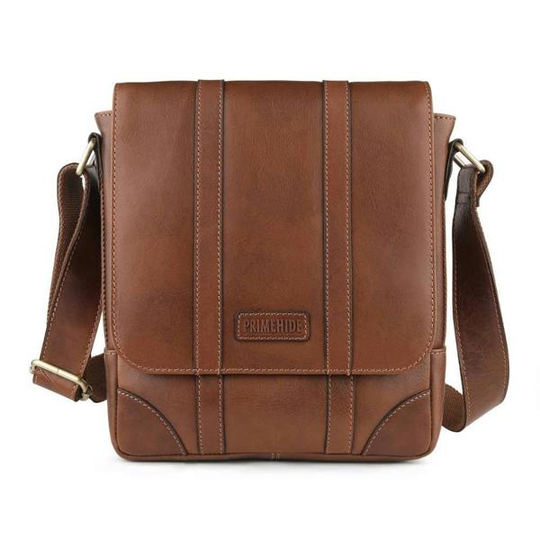 Small Brown leather messenger bag for men with magnetic fastener closure