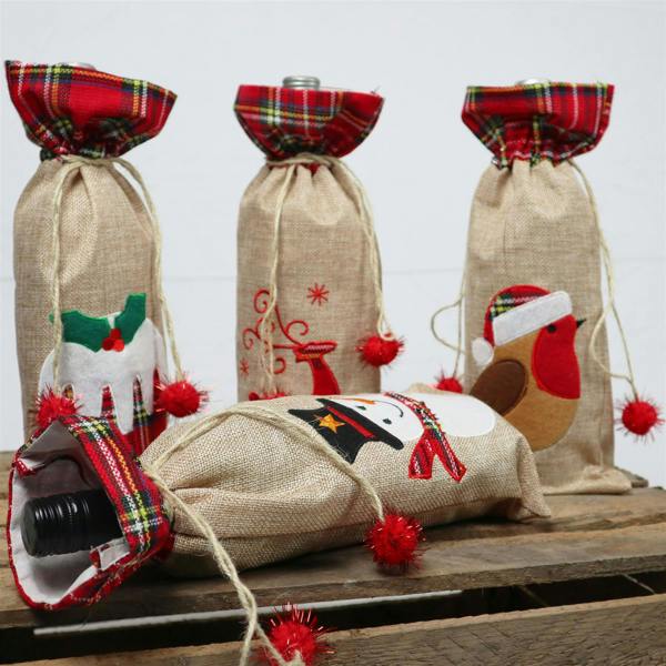 4 Pack Christmas Wine Bottle Cover Bags with Drawstring, Festive Printed Novelty Table Decorations image 5