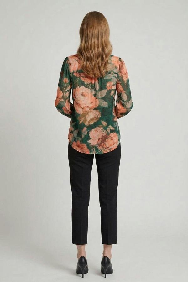 Green | Floral Long Sleeve Button Front Blouse