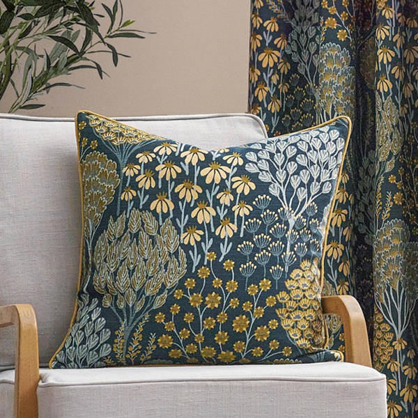 Wylder Ophelia Jacquard Floral Cushion Cover - Blue/Saffron