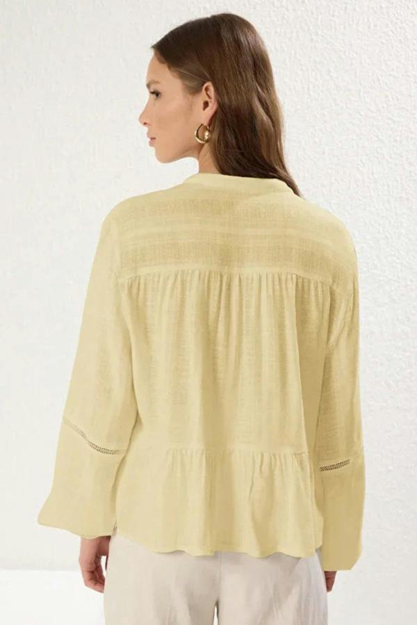 Hoxton Gal Cotton-Textured Regular Fit Woven Shirt with Lace Sleeve Detail