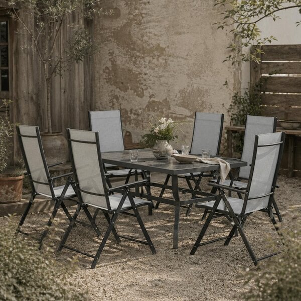 Wyld Haus Mamoka 6 Seater Steel and Grey Mesh Outdoor Dining Set with Parasol Hole