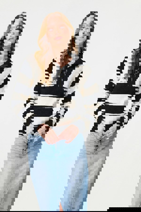 White | Striped Knit 1/4 Zip High Neck Pullover
