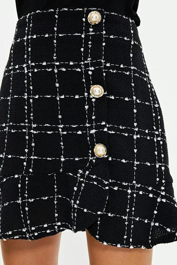 WOVCOR Tweed Skirt Flounce Mini Woven Skirt Button Detail