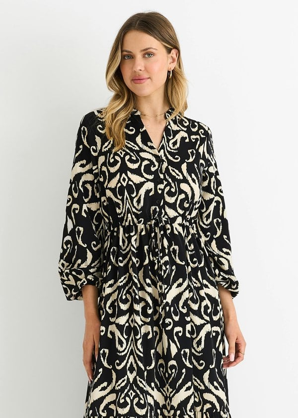 Gini London Black Ikat Print Tie Waist Maxi Dress