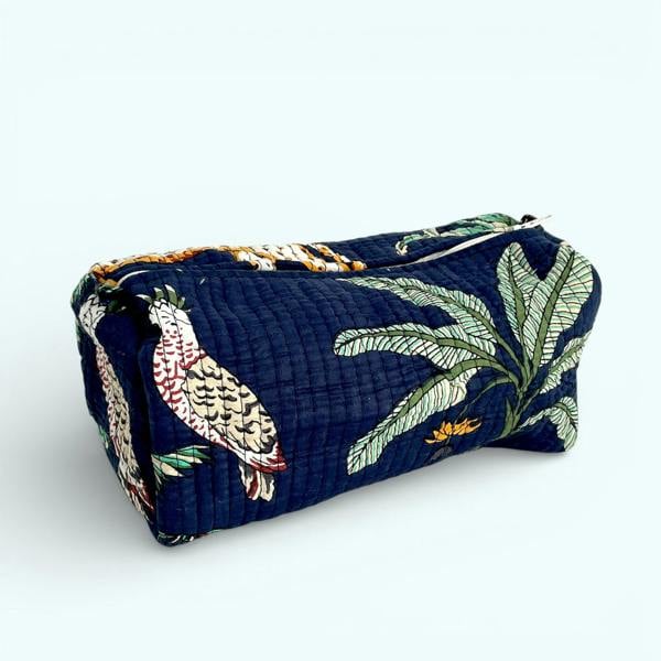 Hayley & Co Jungle Print Cotton Washbag, Make Up Bag, Pencil Case with Waterproof Lining - Jungle Animal Print in Navy Blue