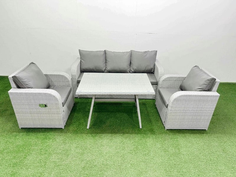 Fimous Reclining Chair 3 Seat Sofa Set Garden Furniture Set with Rectangular Dining Table Light Grey