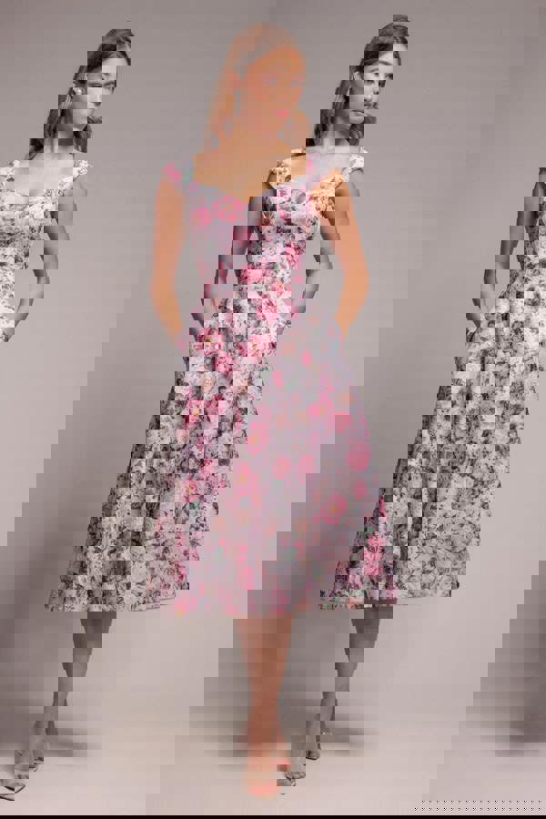 Floral Print A-Line Sweetheart Midi Dress - Blush Pink DR4635