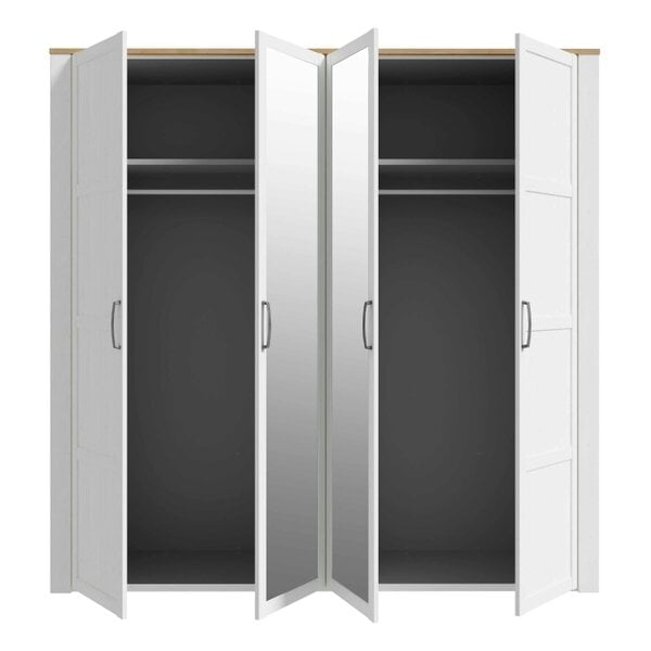 Wyld Haus Geneva White Oak 4 Door Wardrobe with Mirrors Hanging Rails and Shelves