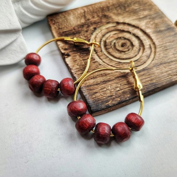 The Colourful Aura Red Sandalwood Beaded Huggie Dainty Hindu Asian Bali Boho Hoop Earring