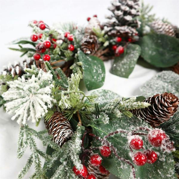 60cm Frosty Green Artificial Christmas Wreath with Snow Effect, Pinecones, Berries and Flowers image 4
