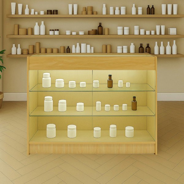 Maple LED retail shop counter with glass shelves, displaying various jars and bottles in a minimalist, modern setting