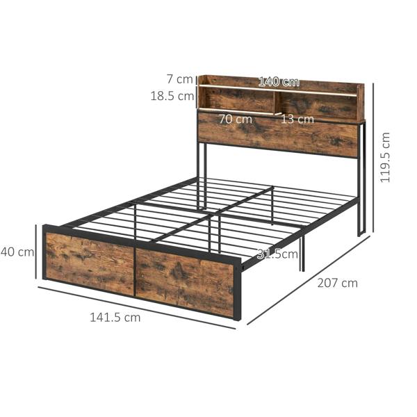 Rustic brown metal double bed frame with under-bed storage drawers and slatted support