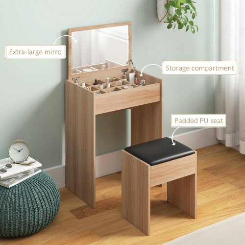 Wyld Haus Nolena Natural Wood Vanity Desk With Flip Mirror Cushioned Stool And Storage