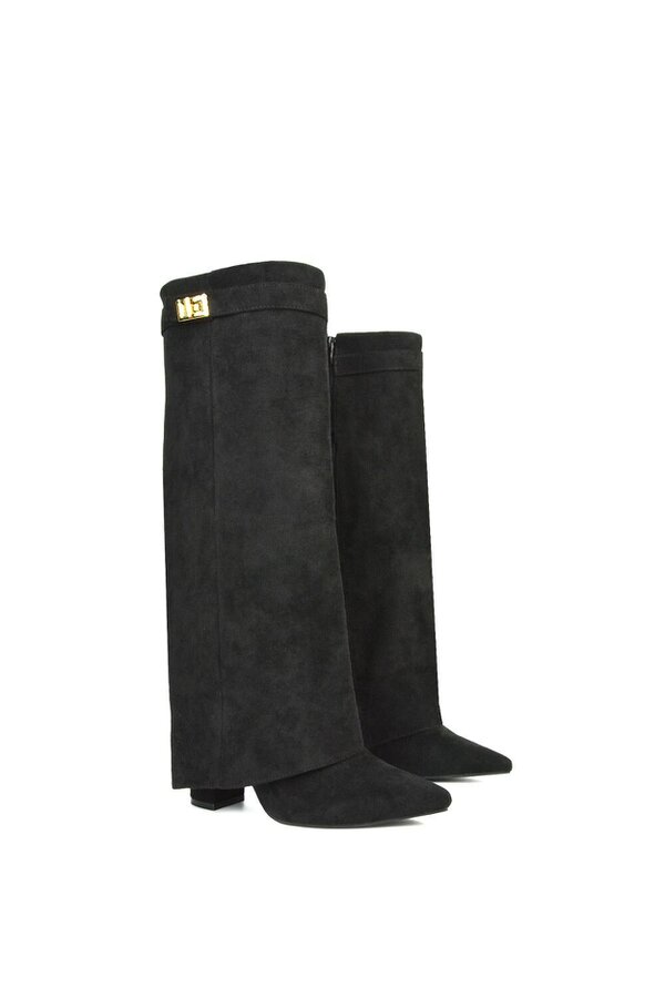 XY LONDON Block Heel Knee High Foldover Boots With Pointed Toe