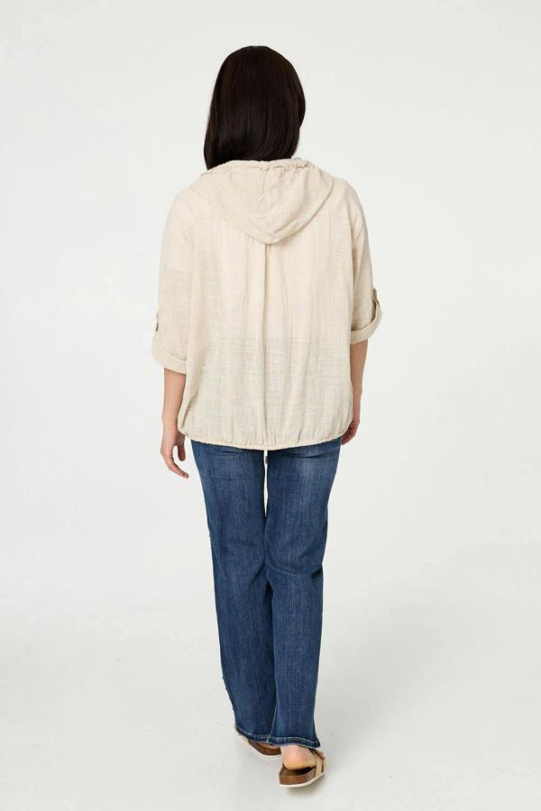 Linen | 3/4 Sleeve Hooded Zip Front Jacket