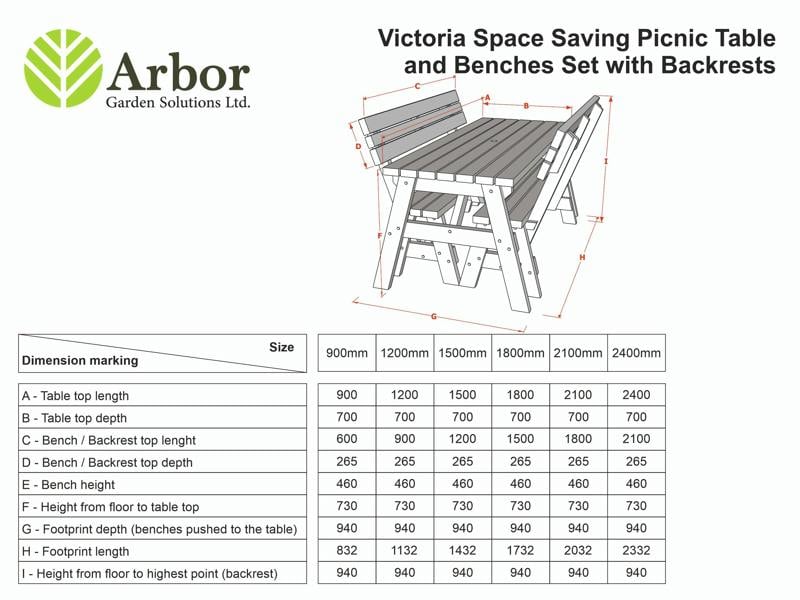 Victoria Rounded Space-Saving Picnic Table and Bench Set with Backrest – Wooden Outdoor Dining Set for Gardens and Patios

