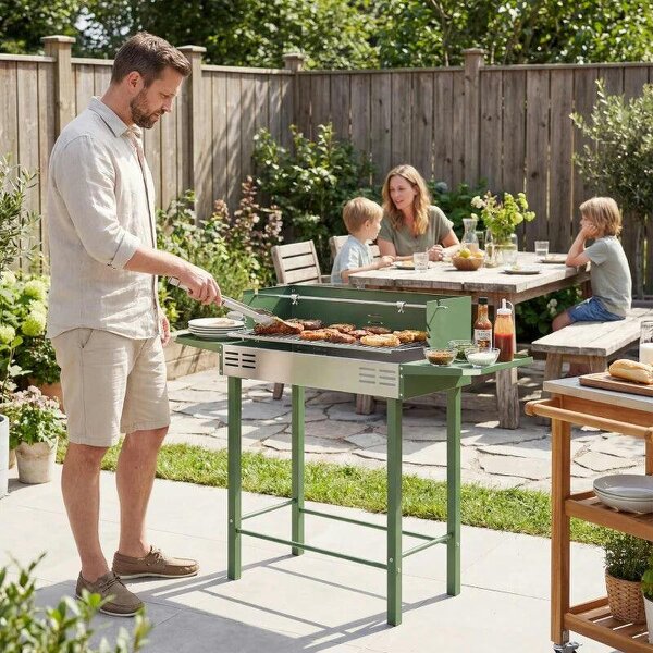 Bobobiy BBQ Rotisserie Grill Roaster Charcoal Spit Roasting Machine for Chicken Turkey with 3-Level Grill Grate, Side Shelves, Dark Green