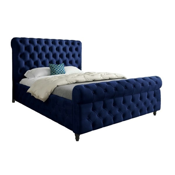 Casa Magna Savana Sleigh Upholstered Soft Velvet Bed Frame - Blue