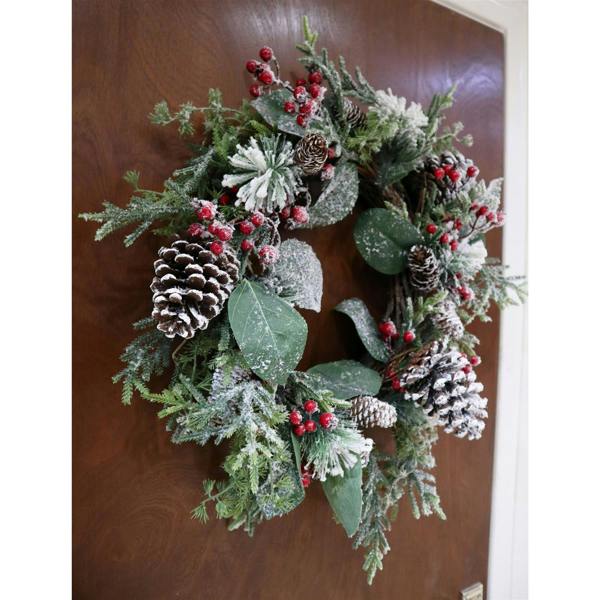 60cm Frosty Green Artificial Christmas Wreath with Snow Effect, Pinecones, Berries and Flowers image 7