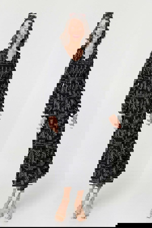 Black | Printed Long Sleeve Tie Waist Midi Dress
