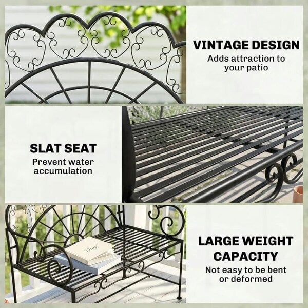 Metal Garden Bench Loveseat with Slatted Seat, Black