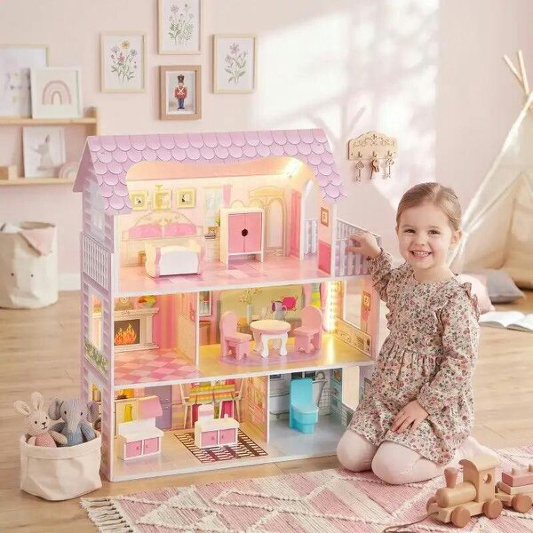 Dolls House, 6 Rooms Modern Dollhouse with LED Lights, 8 Furniture Pieces, 3-Level Playhouse Gift for Kids 3-6 Years - Pink
