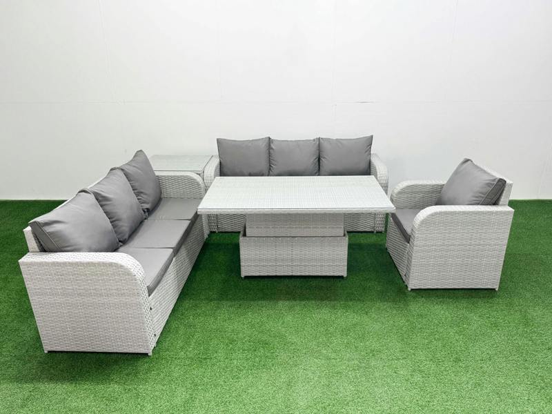 Fimous 7 Seater Poly Rattan Garden Furniture Patio Set, Adj Height Table, 3 Seater Sofa, Reclining Chair, 3 Seater Sofa, Side Table, Light Grey