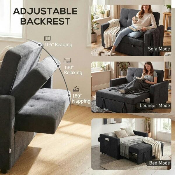Loveseat Sofa Bed, Convertible Bed Settee with 2 Pillows, Side Pockets, Black