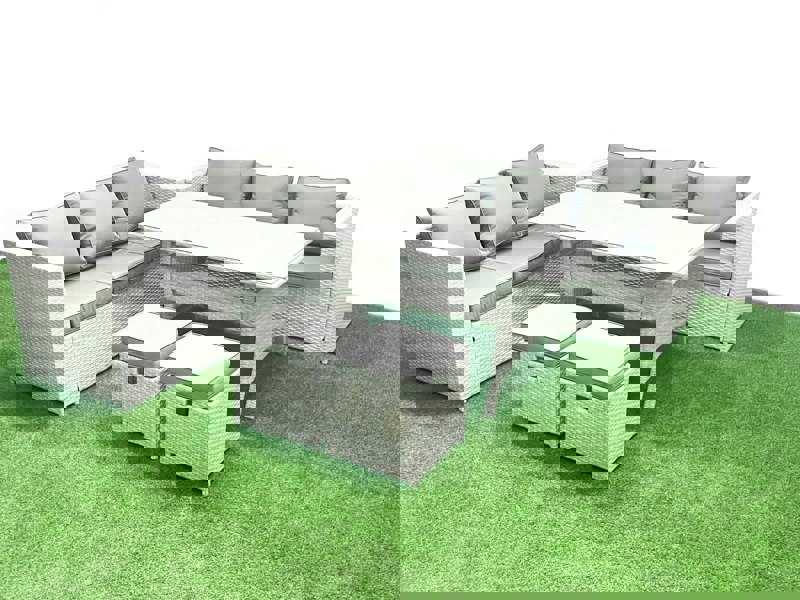 Fimous Rattan Garden Furniture Set 8 Seater Outdoor Sofa Set with Dining Table 2 Small Footstools Light Grey Mixed