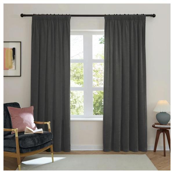 Furn Chenille Lined Pencil Pleat Curtains - Charcoal - 
