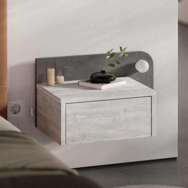 Decortie Floating Bedside Table with Drawer, LED Light in 3-Tones 33.5cm Wall-mount Bedroom Storage Unit