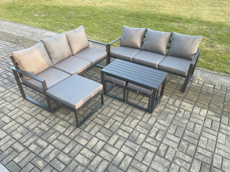 Fimous Aluminium Patio Outdoor Garden Furniture Lounge Sofa Set with Oblong Coffee Table 3 Footstools Dark Grey