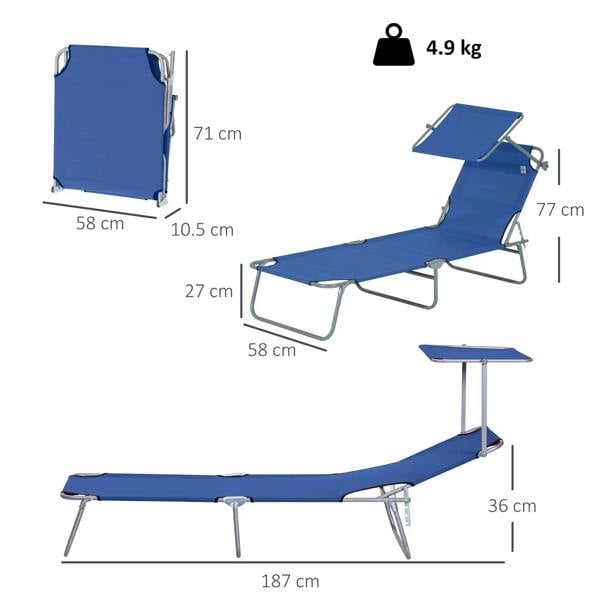 Blue sun lounger with adjustable reclining backrest, silver frame (size diagram)