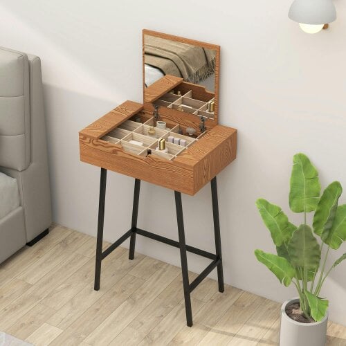 Wyld Haus Fino Leri Natural Wood Industrial Vanity Desk With Flip Up Mirror And 6teen Storage Compartments
