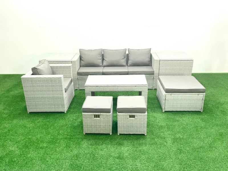 Fimous Rattan Garden Furniture Set Outdoor Lounger Sofa with Coffee Table 3 Footstools 2 Side Tables Light Grey Mixed 7 Seater