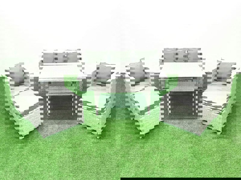 Fimous Garden Dining Set Outdoor Rattan Furniture Set with Sofa Dining Table 2 Chairs 2 Big Footstools Light Grey Mixed