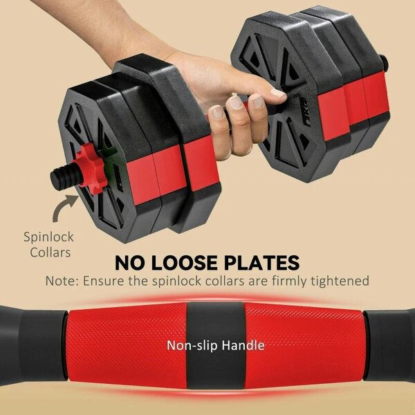 6-in-1 Adjustable Dumbbell Set, 20kg, Kettlebell, Barbell & Push-Up Stand, Red