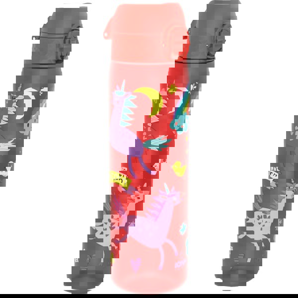 Red water bottle featuring colorful unicorn graphics with hearts and rainbows in a whimsical design Text reads unicorn ION8 Leakproof