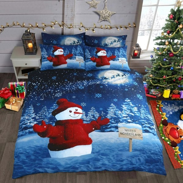 Velosso Glitter Snowman Panel Printed Cotton Blend Duvet Cover and Pillowcase Set