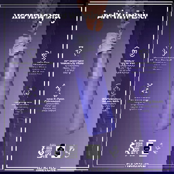 A purple water bottle is being held; it features a hideaway handle, hygiene cover, and wide mouth. The bottle boasts an award-winning, crevice-free design for hygiene. Awards include the German Design Award 2024, Good Design, and a 2021 award.