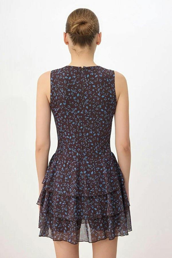 WOVCOR Floral Print Fitted Sleeveless Ruffle Tapered Leg Mesh Knit Jumpsuit