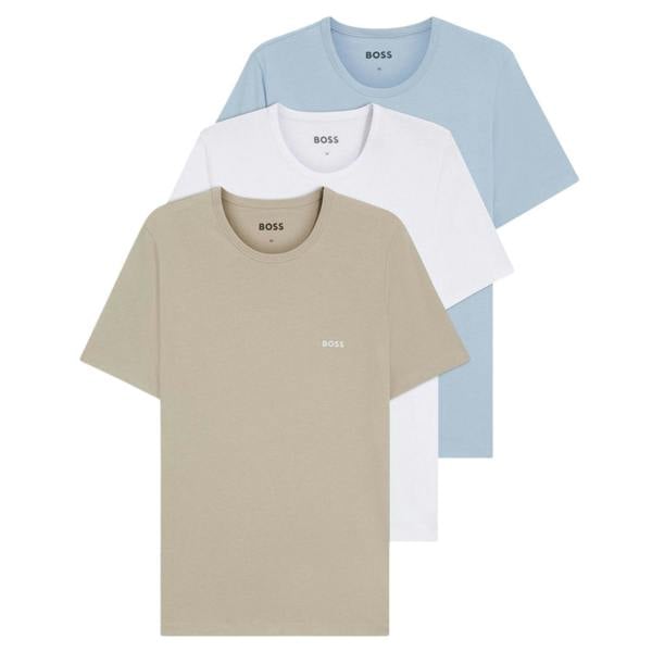 Boss Mens Embroidered Logo T-Shirt (Pack of 3) - White/Blue/Brown - 